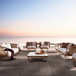 Hancy Outdoor Sofa Set 6 Seater , 2 Ottoman and 1 Center Table + 1 side table Set (Tan + Beige) Braided & Rope