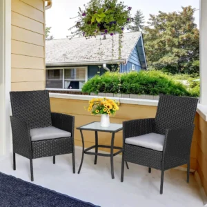 3-Piece Porch Furniture Sets, Small Outdoor Black Wicker Rattan Patio Dining Set
