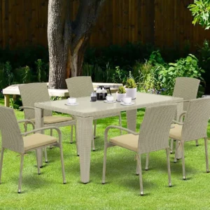7Pc Outdoor Natural Color Wicker Dining Set Includes A Patio Table And 6 Balcony Backyard Armchair