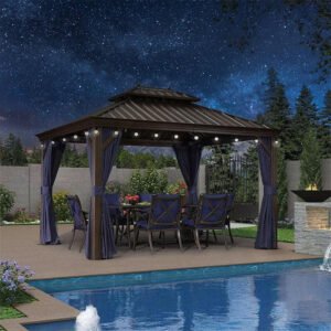 Gazebo for Patio Bronze Aluminum Frame Pavilion with Navy-Blue Curtain and String Lights-milky