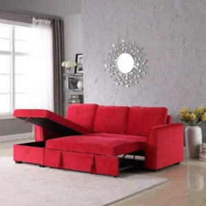Red Velvet Chaise Storage Reversible Sofa Bed Sleeper Sectional