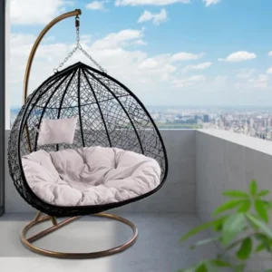 Off White Rattan and Wicker Black Swing Chair with Cushion