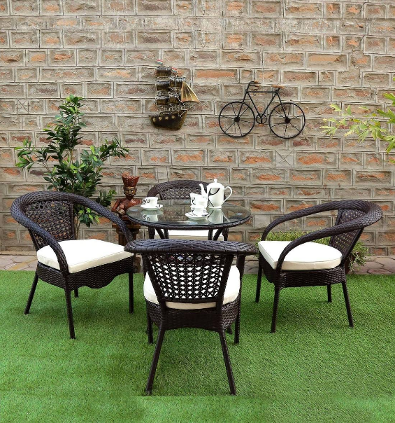 Outdoor-Indoor Patio Rattan Wicker Stackable Garden Furniture 2 Seater Chair & Table Set with Cushion (Dark Brown Wicker with of white Cushion