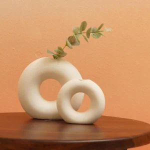 White Ceramic Ring Donut Vases (2 Pc)