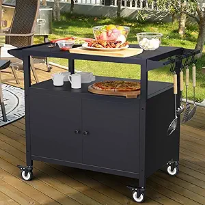 Outdoor Grill Table with Storage, Movable Grill Serving Cart