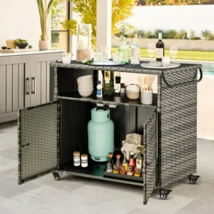 AECOJOY Patio Wicker Bar Tables with Wheels&Shelf Patio Serving Table Outdoor Storage Cabinet Outdoor Bar Cart