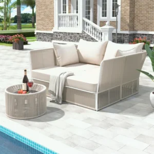 Benito Outdoor Poolside Sunbed With Cushion Daybed And Side Table (Braided & Rope)